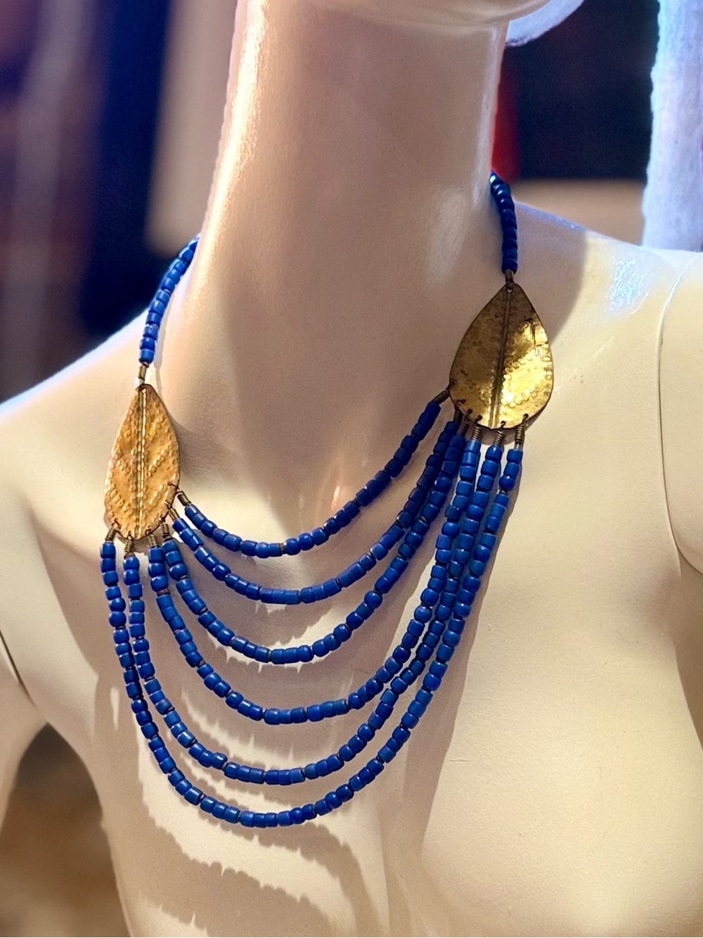 Vintage African Cobalt Blue Glass Multi Strand Brass Bib Necklace